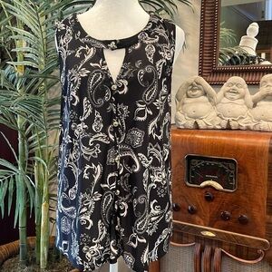 Ember L blue/cream tank top with gold  buttons Semi sheer